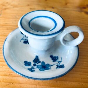 Vintage Blue and White Ceramic Chamberstick Candle Holder